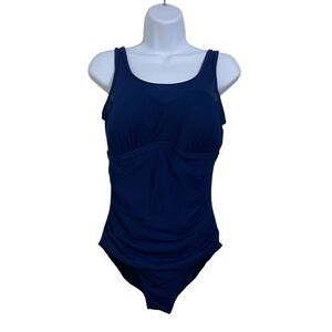 Merona Swimsuit One Piece Tummy Control‎ Ruched Sheer Straps Navy Blue Medium